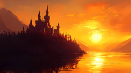 Obraz premium Castle in the sunset. Sky Castle. Illustration