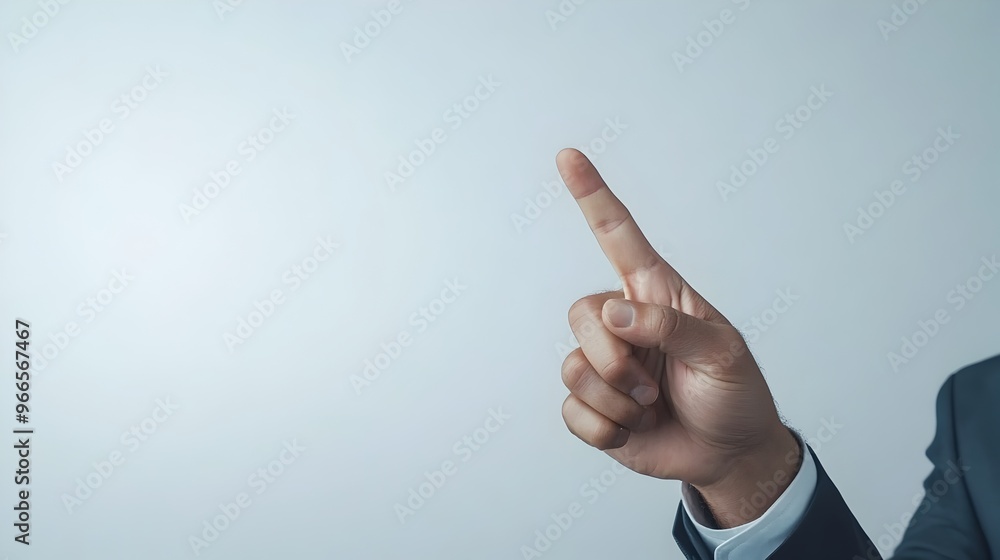 Poster businessman pointing to invisible screen on clean white background