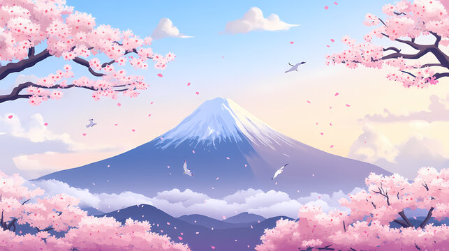 Cherry blossom and mt. fuji in spring, japan. Spring Blossom. Illustration