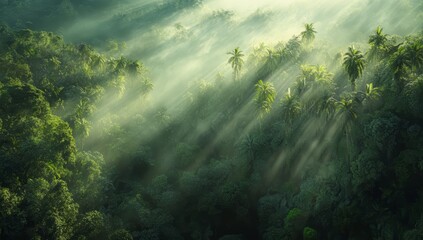 Obraz premium Aerial view of a tropical rainforest landscape in the morning with mist above the green trees. Sunlight is falling onto the forest. Lush jungle landscape background.