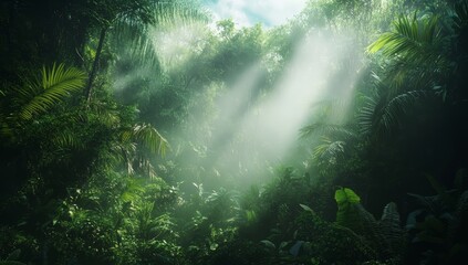 Lush jungle landscape in the morning with sunlight falling in through the leaves and trees. Green, natural rainforest. Green, tropical nature background with mist / fog.