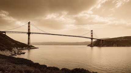 Generative AI, Sepia-Toned Suspension Bridge Over Calm Waters