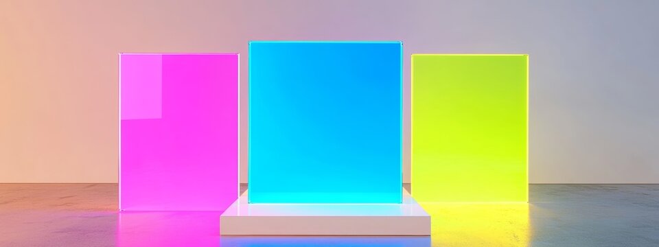 Podium made from bright acrylic panels in bold colors against a soft off-white background. Pedestal for product presentation