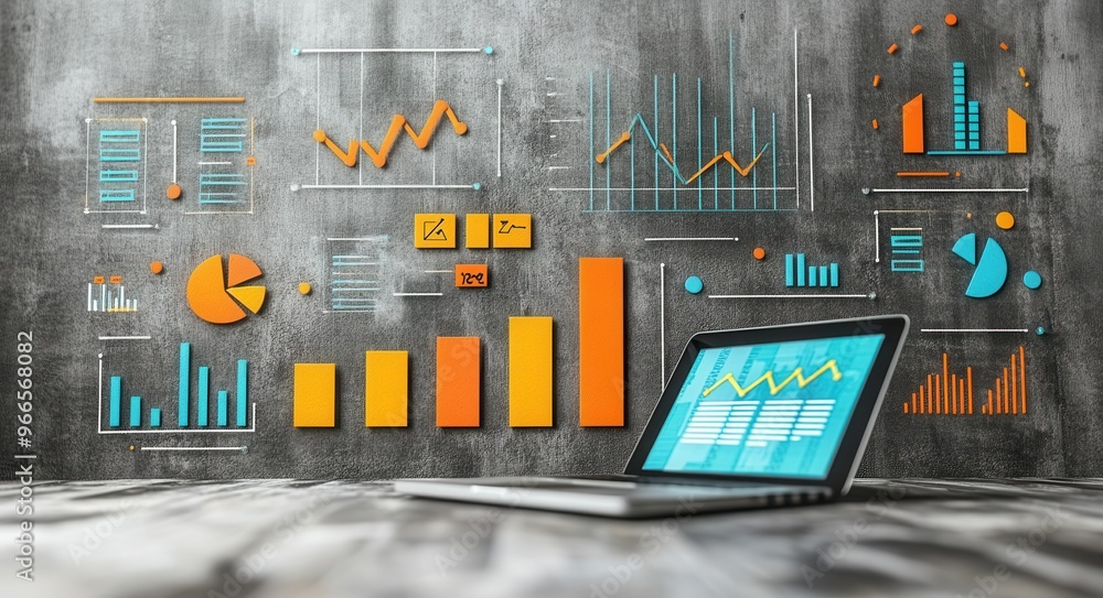 Aufkleber digital marketing strategy featuring graphs and charts with a laptop showcasing data analysis and bu