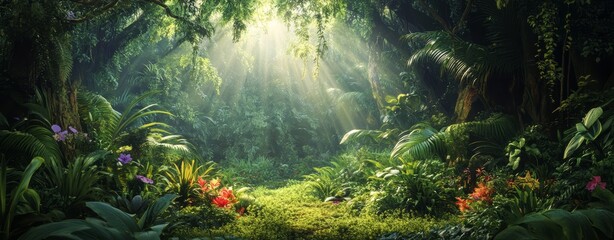 Lush jungle landscape in the morning with sunlight falling in through the leaves and trees. Green, natural rainforest. Green, tropical nature background with mist / fog.