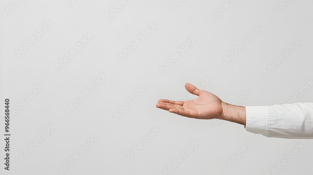 Poster businessman s midair gesture towards invisible screen on white background with branding space