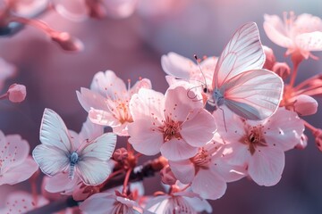 Two white butterflies perched on delicate pink cherry blossoms in a sunlit springtime scene.