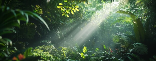 Lush jungle landscape in the morning with sunlight falling in through the leaves and trees. Green, natural rainforest. Green, tropical nature background with mist / fog.