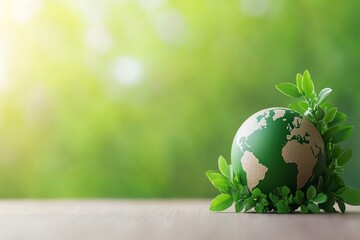 A beautiful globe surrounded by green leaves, symbolizing environmental care and sustainability, set against a serene background.