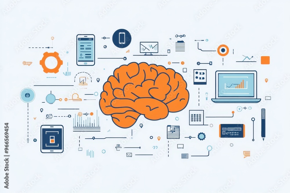 Poster flat graphic of an ai brain surrounded by technology devices and data symbols representing artificia