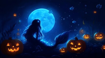 Fototapeta premium A mystical mermaid under a glowing moon, surrounded by glowing pumpkins, evoking a whimsical Halloween night.