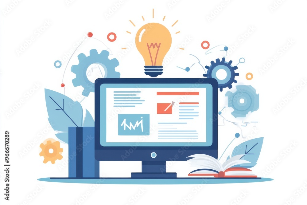 Poster creative innovation concept with computer screen and light bulb representing ideas and technology