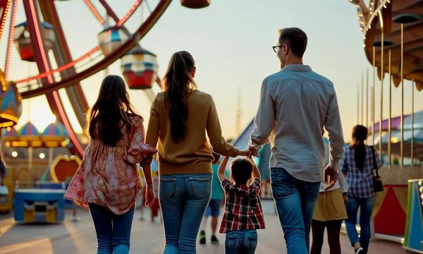 Family visiting a local fair for World Teachers' Day, October 5th, celebrating educators with fun activities, hyperrealistic . Video
