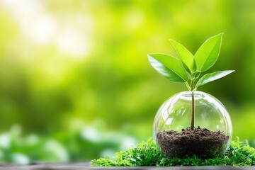 A vibrant green plant growing inside a glass globe, symbolizing growth and sustainability in nature.