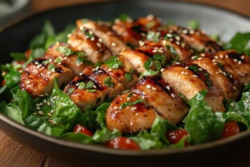 artfully arranged asian fusion salad with grilled teriyaki chicken crisp lettuce and sesamecoated green beans