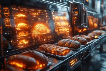 artisanal bakery scene with holographic recipe displays 3dprinted bread varieties futuristic baking tools