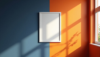 Vertical Blank Frame with Sunlight on Orange and Blue Wall