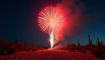 Red Firework Exploding Over Desert with Cacti