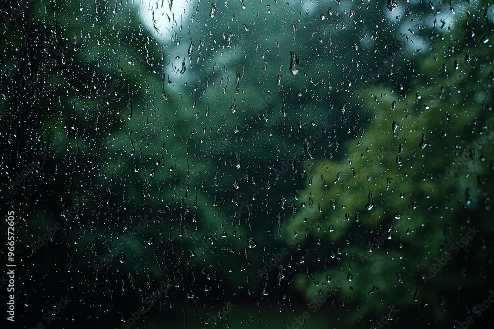 Poster raindrops falling steadily on a windowpane, creating a rhythmic patter. concept of rain's calming ef