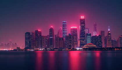 Naklejka premium Futuristic Cityscape with Neon Pink and Purple Glow