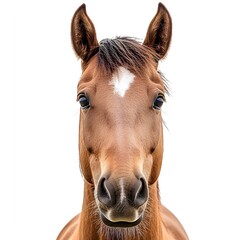 Isolated close-up of a horse's face with a white background