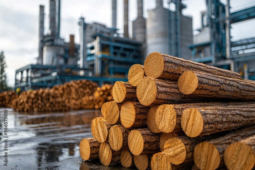 Wall mural Stacked Logs at Industrial Facility