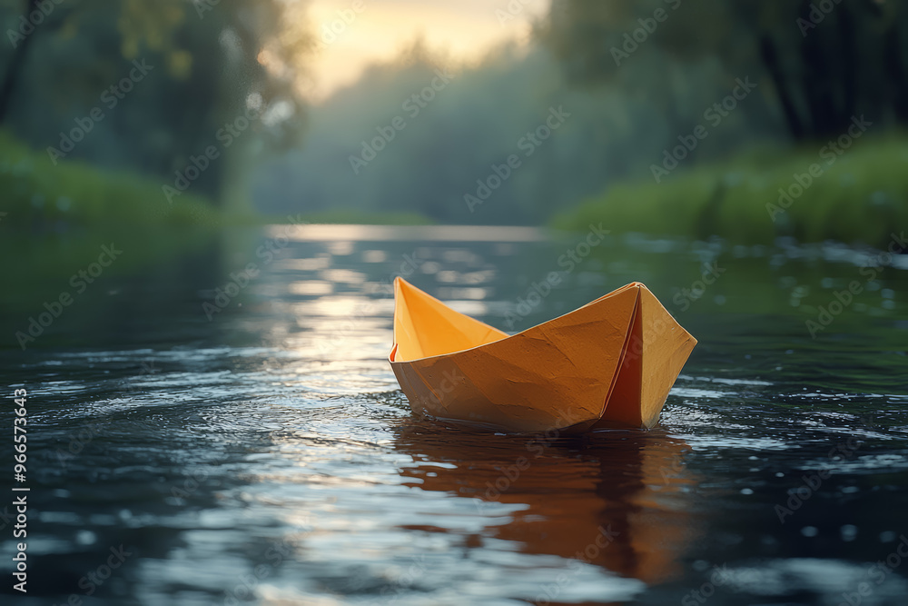 Aufkleber a paper boat floating smoothly down a lazy stream. concept of gentle navigation and water rhythms.