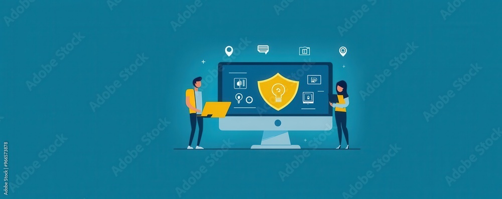 Poster flat illustration of two people standing by a large computer screen showcasing cybersecurity concept