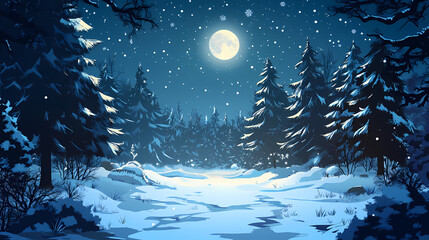 Magical winter night in the forest. Winter Wonderland. Illustration
