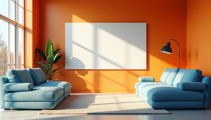 Contemporary Living Room with Floor-to-Ceiling Windows and Blue Sofas