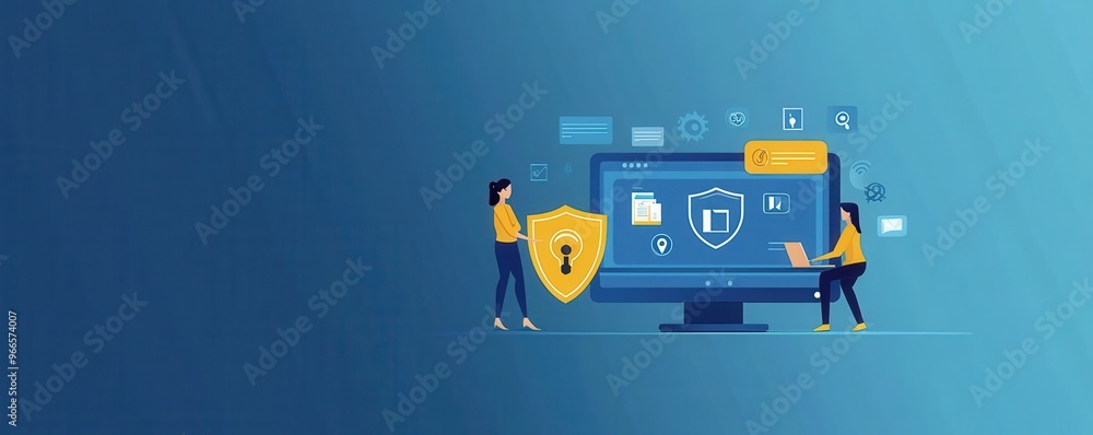 Poster flat illustration of two people protecting a computer screen depicting cybersecurity concepts with s