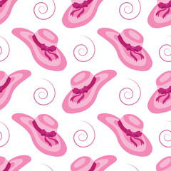 Pink beach hat with wide brim and big bow. Simple seamless pattern. Vector illustration.