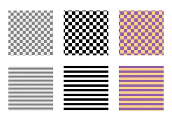 Set of stripes and chess checkerboard seamless patterns. Print for Fashion accessory clothing technical illustration. Vector Black, grey and purple orange lines flat sketch outline isolated