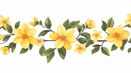 Fototapeta premium Seamless border with yellow flowers and leaves, spring blossom decoration, vector illustration, generative ai. Spring Blossom. Illustration