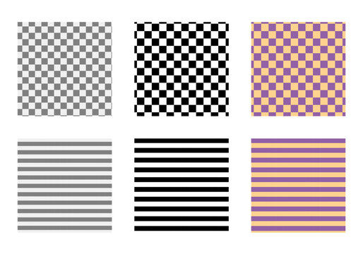 Set of stripes and chess checkerboard seamless patterns. Print for Fashion accessory clothing technical illustration. Vector Black, grey and purple orange lines flat sketch outline isolated