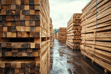 Stacked Wooden Beams at Lumberyard