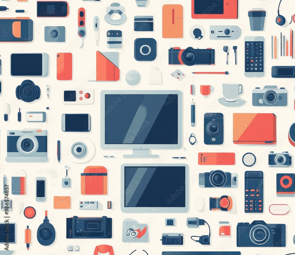Aufkleber flat illustration of various digital devices and gadgets in a seamless pattern with a modern design 