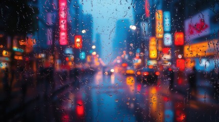 Obraz premium atmospheric cityscape viewed through a rainstreaked window neon lights and streetlamps creating a kaleidoscope of colors in the water droplets
