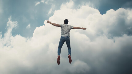 Obraz premium A person flying upwards towards the clouds with outstretched arms