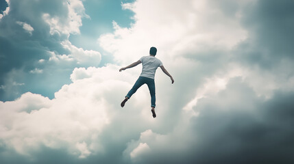 A person flying upwards towards the clouds with outstretched arms