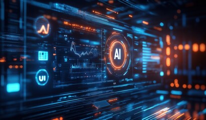 Fototapeta premium Futuristic digital interface displaying AI technology with data visualization and UI elements in a high-tech environment