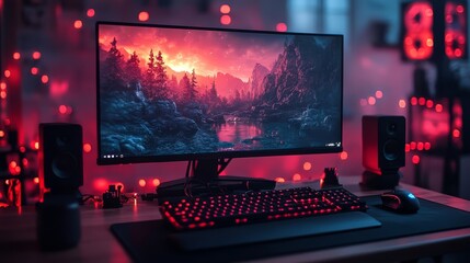 A mesmerizing gaming setup with vibrant red lighting featuring a monitor displaying a stunning mountain landscape with speakers and keyboard.