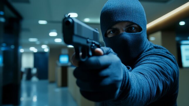 A masked individual wearing a balaclava and gloves aims a handgun in a dimly lit environment, suggesting a crime or security threat situation. - Powered by Adobe