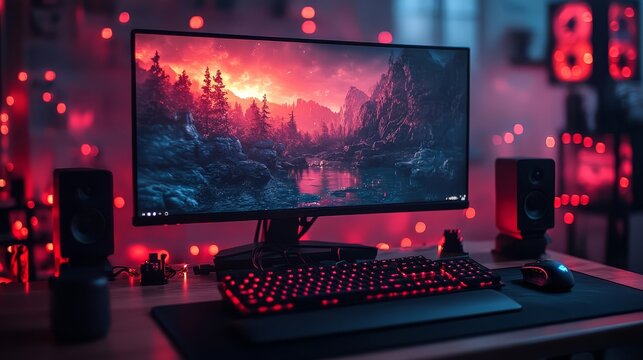 A mesmerizing gaming setup with vibrant red lighting featuring a monitor displaying a stunning mountain landscape with speakers and keyboard.