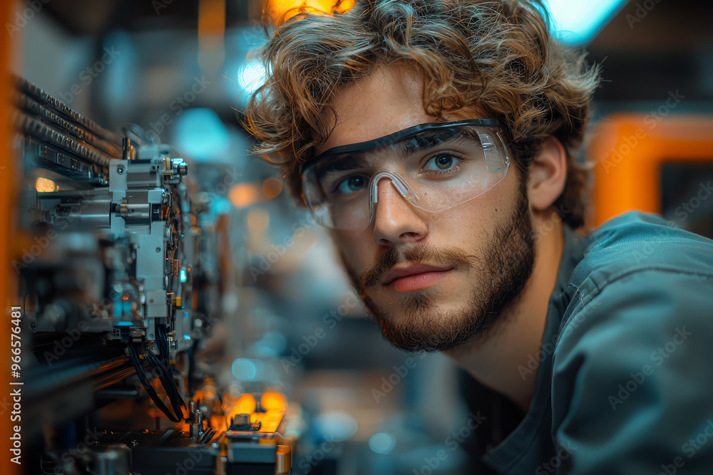 Aufkleber an electronics technician assembling a 3d printer from components, illustrating the diy approach and
