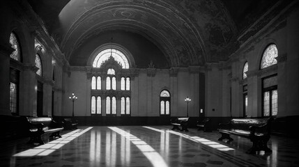 generative ai, Historical Grand Train Station Hall in Monochrome