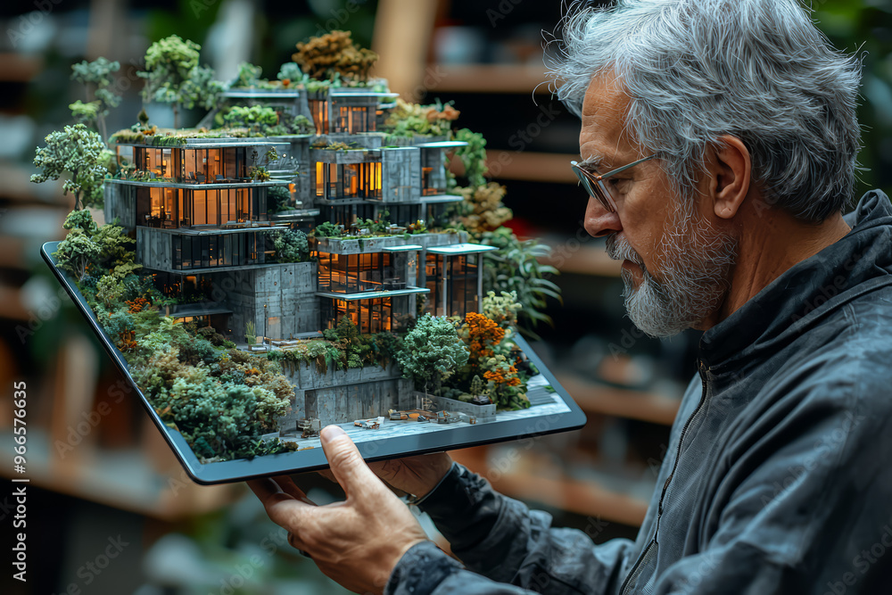 Fototapete An architect using 3D modeling software on a tablet to design a new building, showcasing digital design tools in architecture. Concept of digital architecture and design software.