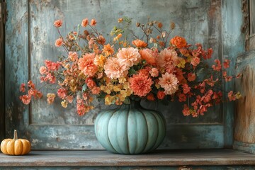 autumnal vignette with rustic pumpkin vase warmhued floral arrangement cozy fall ambiance
