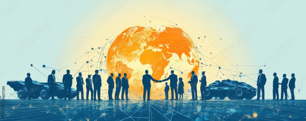 Poster global business network with diverse professionals connecting in front of a digital globe symbolizin