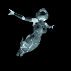 coolest astronaut girl is jumping in action with arms wide open in white background